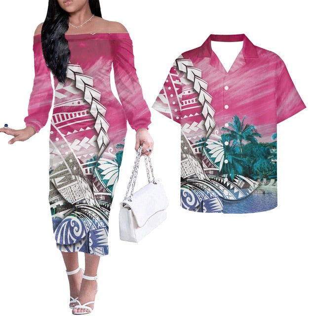 Hawaii Tree Polynesian Tribal Matching Hawaiian Outfits For Couple Combo Long Sleeve Dress And Hawaiian Shirt Pink Ver Pink - Polynesian Pride