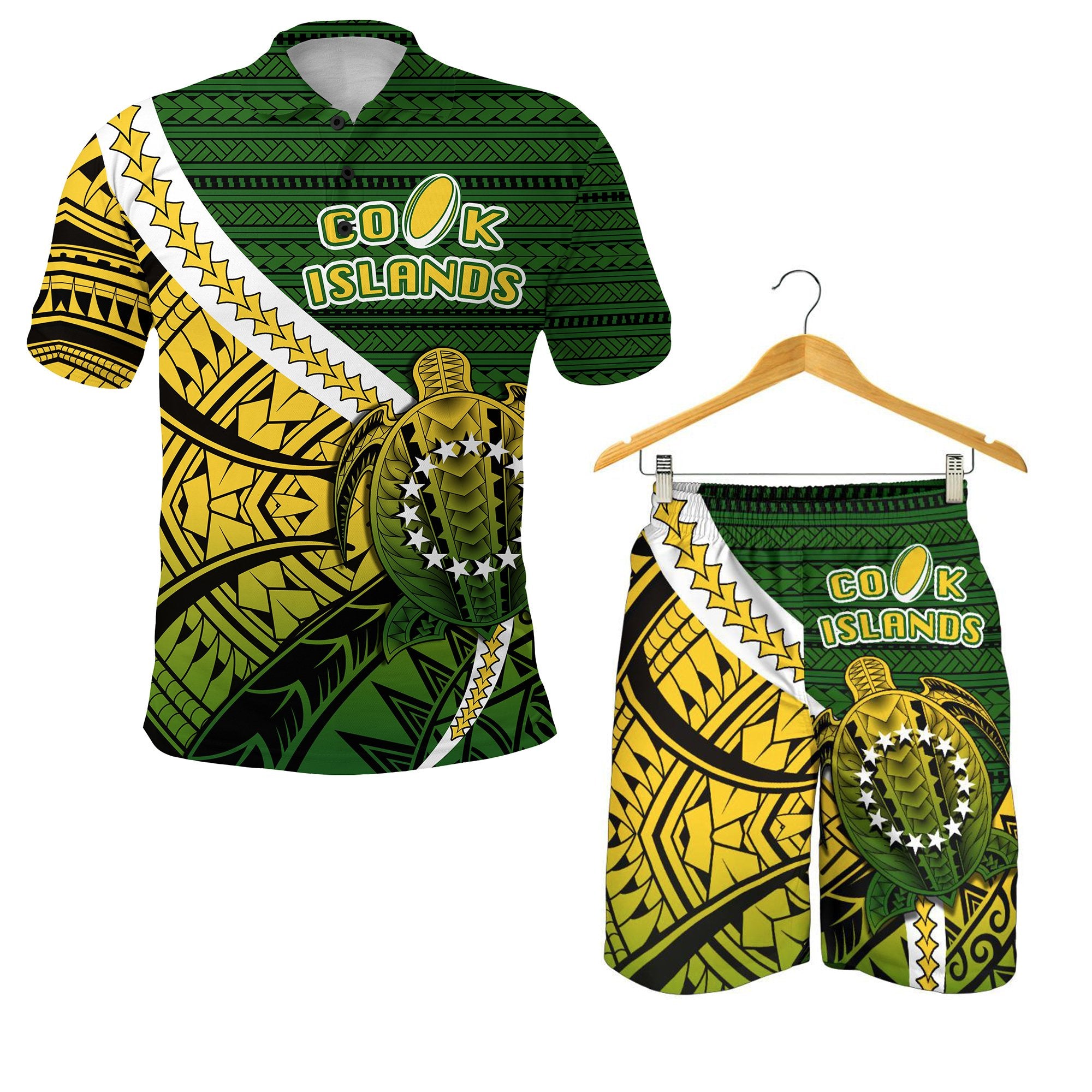 Combo Polo Shirt and Men Short Cook Islands Style Turtle Rugby Green - Polynesian Pride