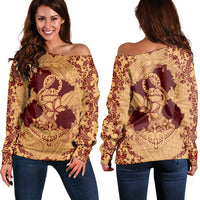 Hawaii Anchor Hibiscus Flower Vintage Women's Off Shoulder Sweater - AH - Red Orange Black - Polynesian Pride