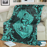 Hawaii Anchor Hibiscus Flower Vintage Premium Blankets - AH - Turquoise - Polynesian Pride