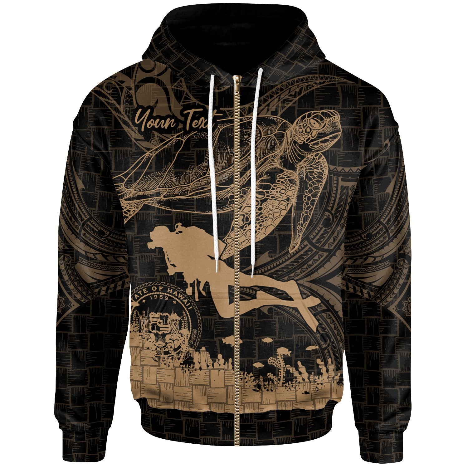 Hawaii Custom Personalized Zip up Hoodie Scuba Diving With Turtle Unisex Gold - Polynesian Pride