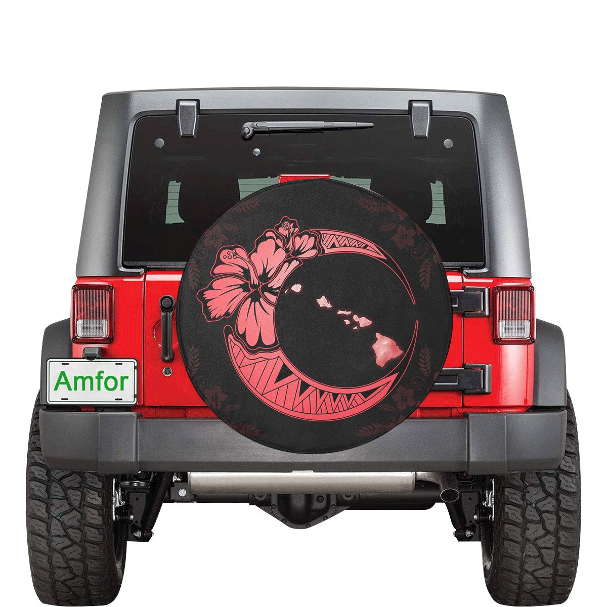 Hawaii Hibiscus Map On The Moon Red Spare Tire Cover AH Red - Polynesian Pride