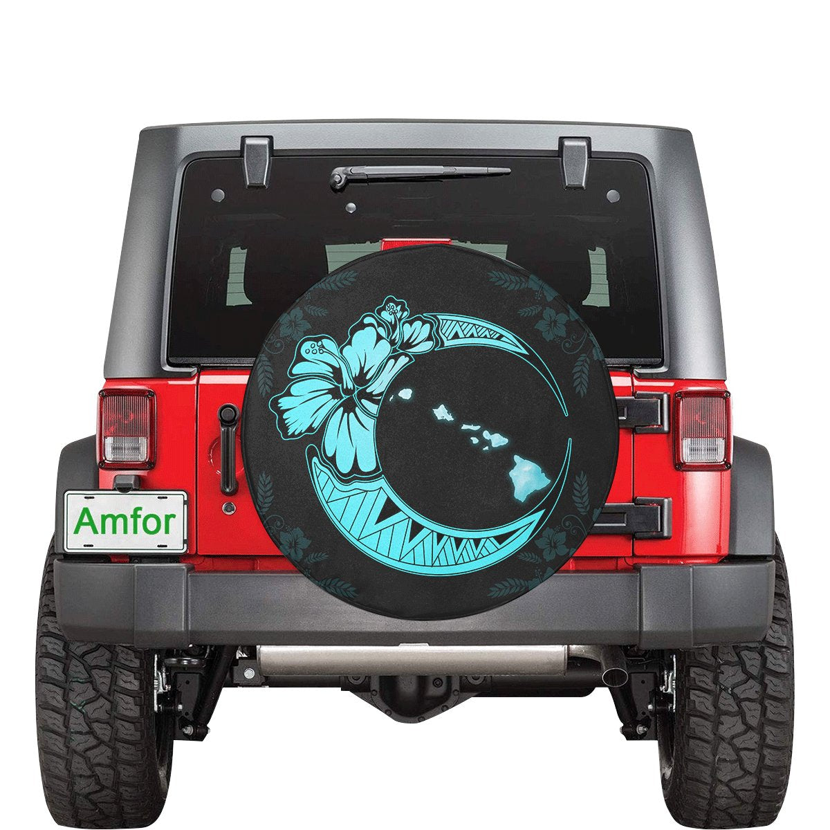 Hawaii Hibiscus Map On The Moon Turquoise Spare Tire Cover AH Turquoise - Polynesian Pride