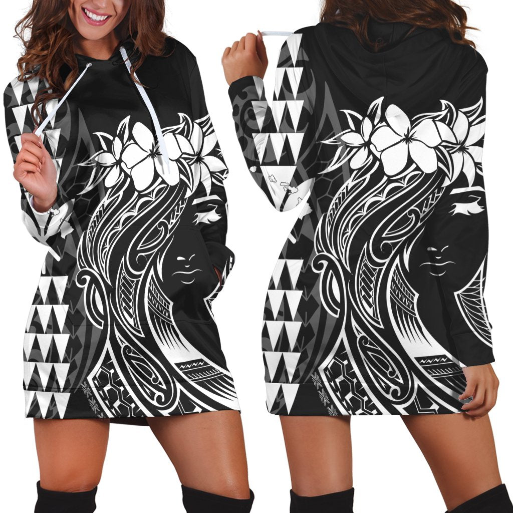 Hawaii Map Kanaka Polynesian Hula Girl Hoodie Dress - AH - J5R Black - Polynesian Pride