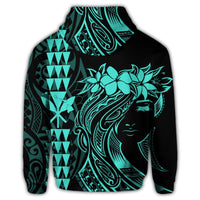 Hawaii Map Kanaka Polynesian Hula Girl Zip Hoodie Turquoise - Polynesian Pride
