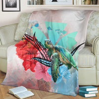 Hawaii Map Kanaka Sea Turtle Hibiscus Premium Blankets - AH - Blue Pink - Polynesian Pride