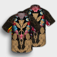 Hawaii Map Kanaka Two Men Holding Flag Hawaiian Shirt Gold - AH - Polynesian Pride