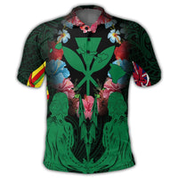 Hawaii Map Kanaka Two Men Holding Flag Polo Shirt Green - Polynesian Pride