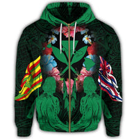 Hawaii Map Kanaka Two Men Holding Flag Zip Hoodie Green - Polynesian Pride