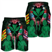 Hawaii Map Kanaka Two Men Holding Flag Men's Shorts Green - AH - Polynesian Pride