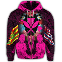 Hawaii Map Kanaka Two Men Holding Flag Zip Hoodie Pink - Polynesian Pride