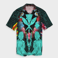 Hawaii Map Kanaka Two Men Holding Flag Hawaiian Shirt Turquoise - AH Unisex Black - Polynesian Pride