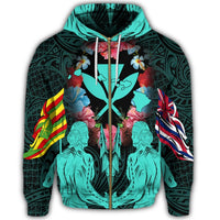 Hawaii Map Kanaka Two Men Holding Flag Zip Hoodie Turquoise - Polynesian Pride