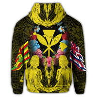 Hawaii Map Kanaka Two Men Holding Flag Zip Hoodie Yellow - Polynesian Pride
