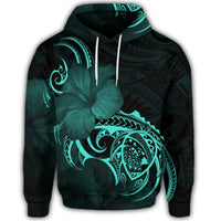 Hawaiian Map Turtle Hibiscus Divise Polynesian Hoodie Turquoise - Polynesian Pride