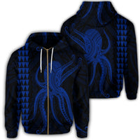 Hawaii Octopus KaKau Polynesian Zip Hoodie Blue Unisex Art - Polynesian Pride