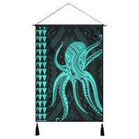 Hawaii Octopus KaKau Polynesian Hanging Poster - Turquoise - AH Hanging Poster Cotton And Linen - Polynesian Pride