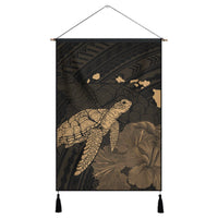 Hawaii Polynesian Hibiscus Turtle Map Hanging Poster Gold - AH Hanging Poster Cotton And Linen - Polynesian Pride