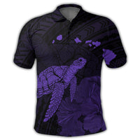 Hawaii Polynesian Hibiscus Turtle Map Polo Shirt Purple - Polynesian Pride