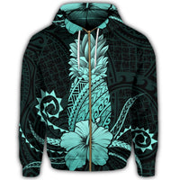 Hawaii Polynesian Zip Hoodie Pineapple Hibiscus Turquoise - Polynesian Pride