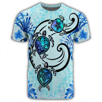 Hawaii Polynesian Plumeria Hibiscus Turtle T Shirt Jack Style Blue - Polynesian Pride