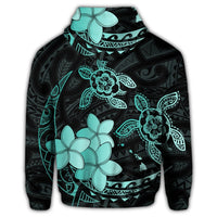 Hawaii Zip Hoodie Polynesian Turtle with Plumeria Pog Style Turquoise - Polynesian Pride