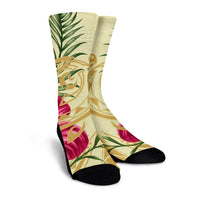 Hawaii Polynesian Turtle Tropical Hibiscus Plumeria Crew Socks - Beige - AH - Polynesian Pride