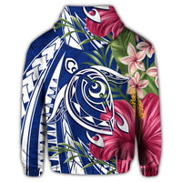 Hawaii Zip Hoodie Polynesian Turtle Tropical Hibiscus Plumeria Blue - Polynesian Pride