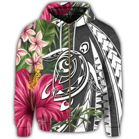 Hawaii Zip Hoodie Polynesian Turtle Tropical Hibiscus Plumeria Gray - Polynesian Pride
