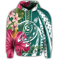 Hawaii Zip Hoodie Polynesian Turtle Tropical Hibiscus Plumeria Turquoise - Polynesian Pride