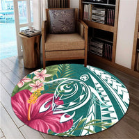 Hawaii Polynesian Turtle Tropical Hibiscus Plumeria Round Carpet - Turquoise - AH - Polynesian Pride