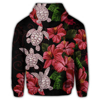 Hawaii Red Hibiscus Turtle Zip Hoodie Ray Style - Polynesian Pride