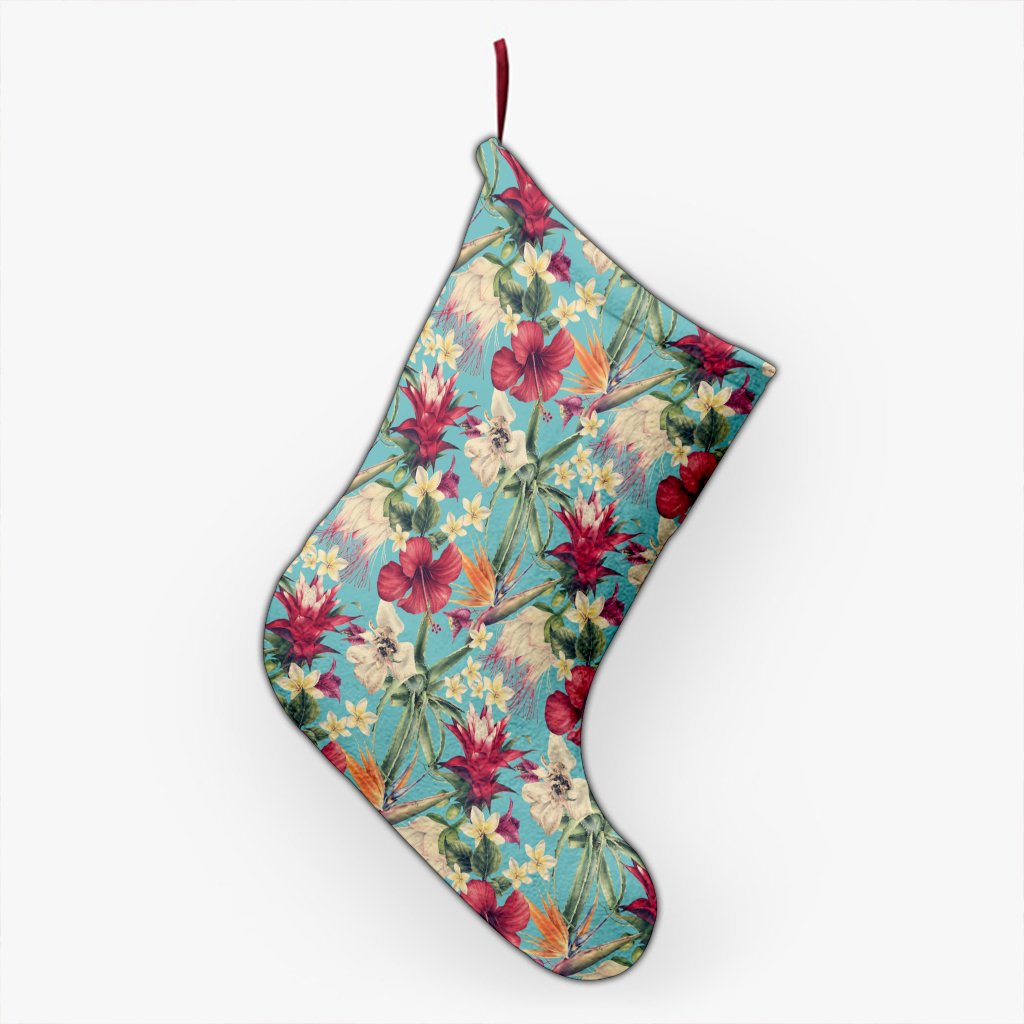Hawaii Seamless Floral Pattern With Tropical Hibiscus, Watercolor Christmas Stocking 26 X 42 cm Black Christmas Stocking - Polynesian Pride