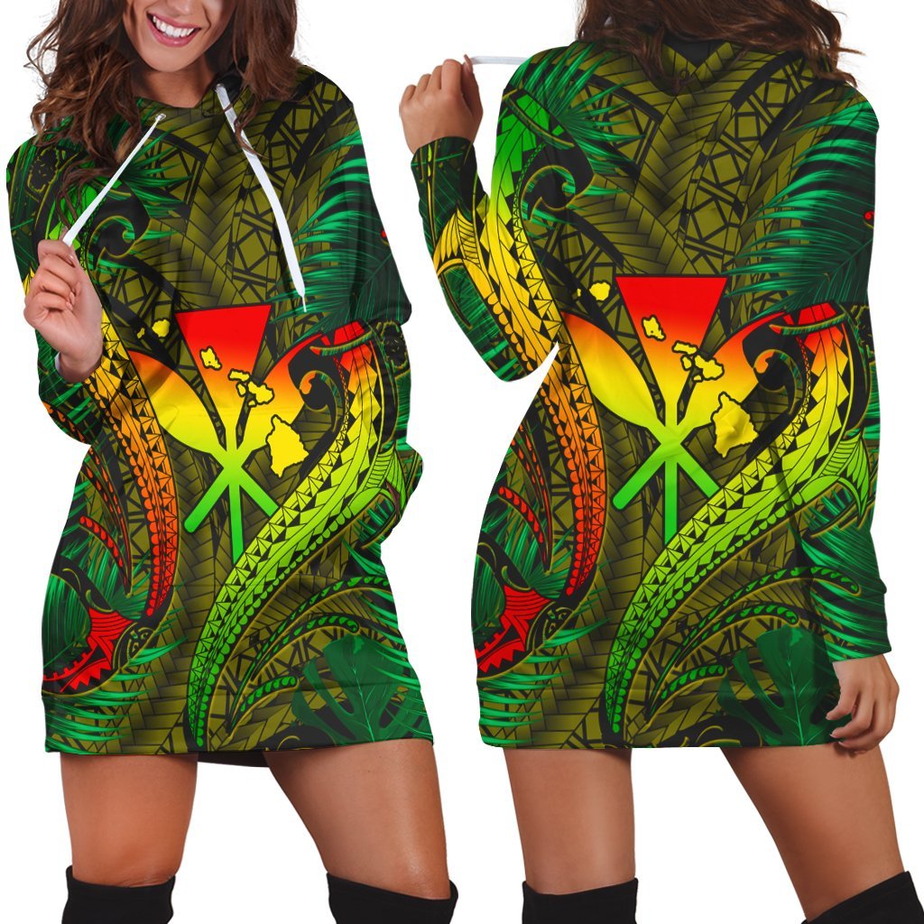 Hawaii Shark Polynesian Tropical Hoodie Dress - Reggae - AH Black - Polynesian Pride