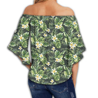 Hawaii Summer Plumerias Flowers Palm Tree Monstera Leaves. Women's Off Shoulder Wrap Waist Top - AH - Polynesian Pride