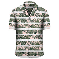 Hawaii Tropical Dark Green Leaves Seamless Pattern White Stripes Pink Background Hawaiian Shirt - Polynesian Pride