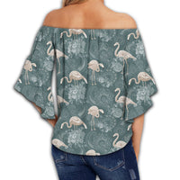 Hawaii Tropical Flamingos And Tropical Plants Women's Off Shoulder Wrap Waist Top - AH - Polynesian Pride