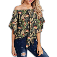 Hawaii Tropical Floral Vintage Strelitzia Flower Banana Leaves Women's Off Shoulder Wrap Waist Top - AH - Polynesian Pride