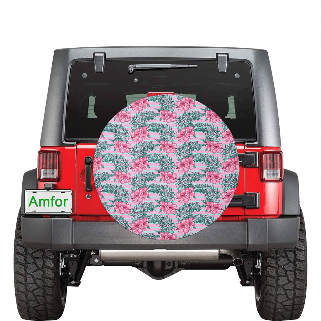 Hawaii Tropical Flowers Palm Leaves Hibiscus Strips Hawaii Spare Tire Cover - Polynesian Pride