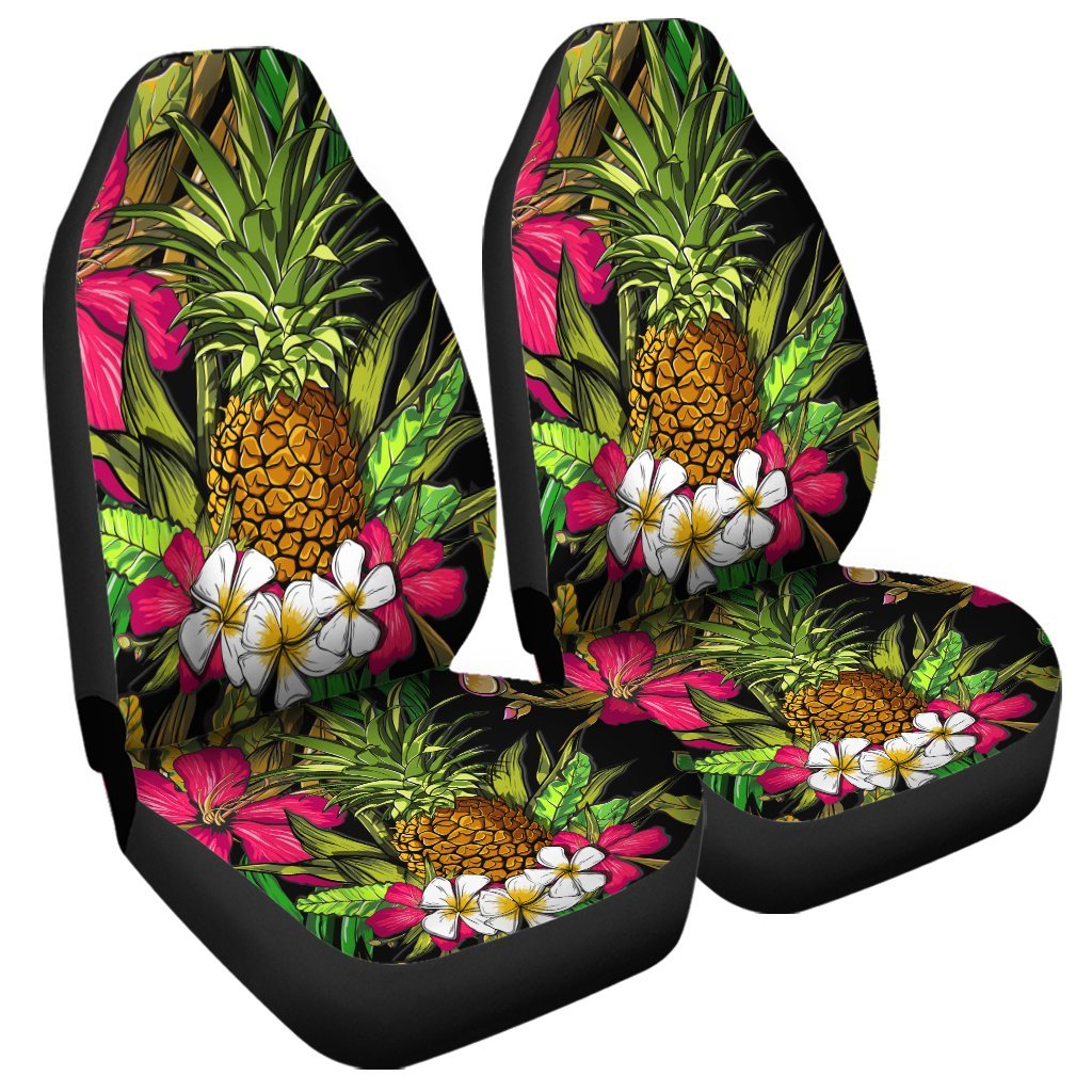 Hawaii Tropical Flowers Pineapple Car Seat Covers - AH Universal Fit Black - Polynesian Pride