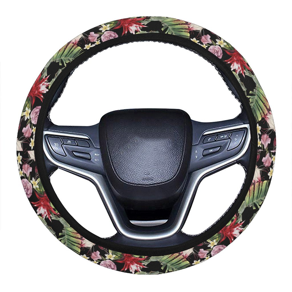 Hawaii Tropical Flowers Watercolor. Hawaii Universal Steering Wheel Cover with Elastic Edge One Size Blue Steering Wheel Cover - Polynesian Pride