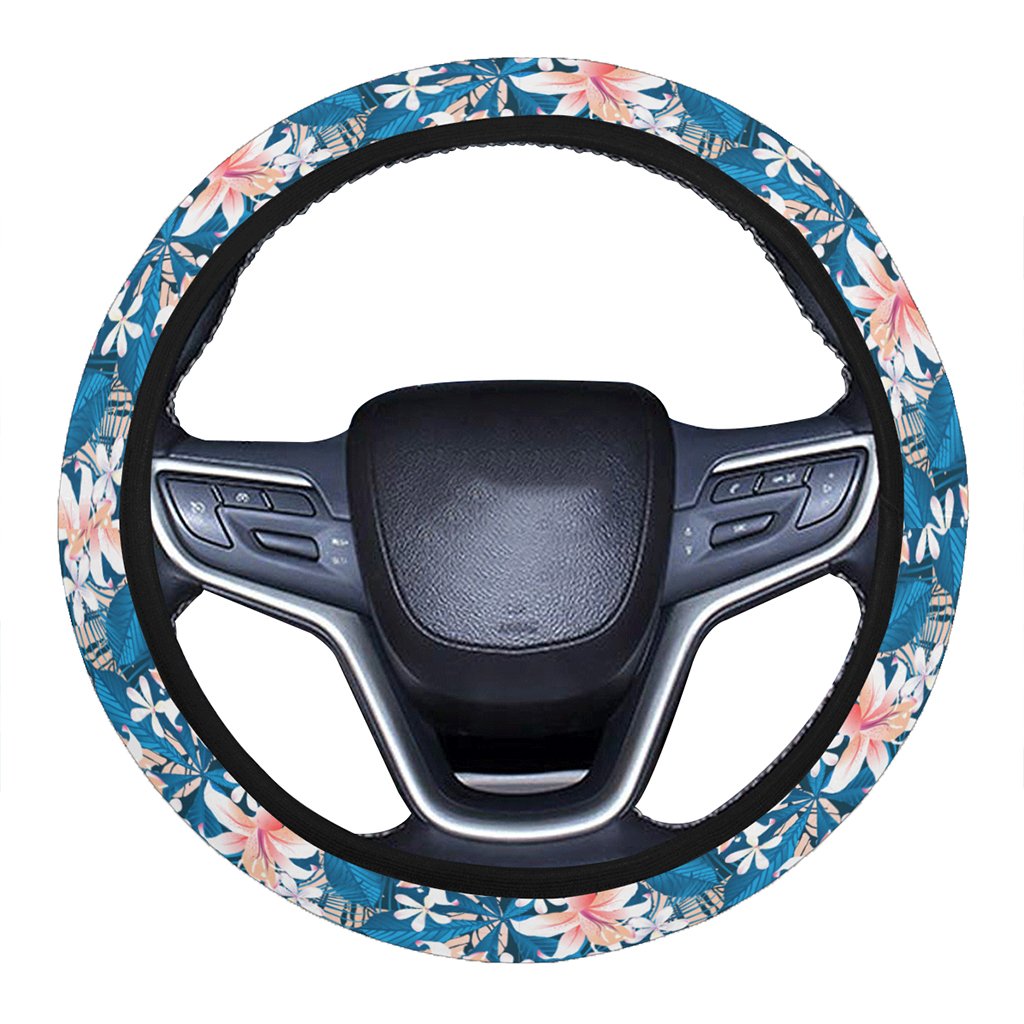 Hawaii Tropical Hibiscus Blue Hawaii Universal Steering Wheel Cover with Elastic Edge One Size Blue Steering Wheel Cover - Polynesian Pride