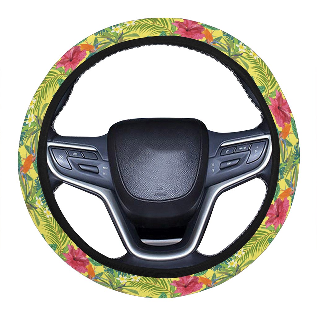 Hawaii Tropical Leaves And Flowers Hawaii Universal Steering Wheel Cover with Elastic Edge One Size Blue Steering Wheel Cover - Polynesian Pride