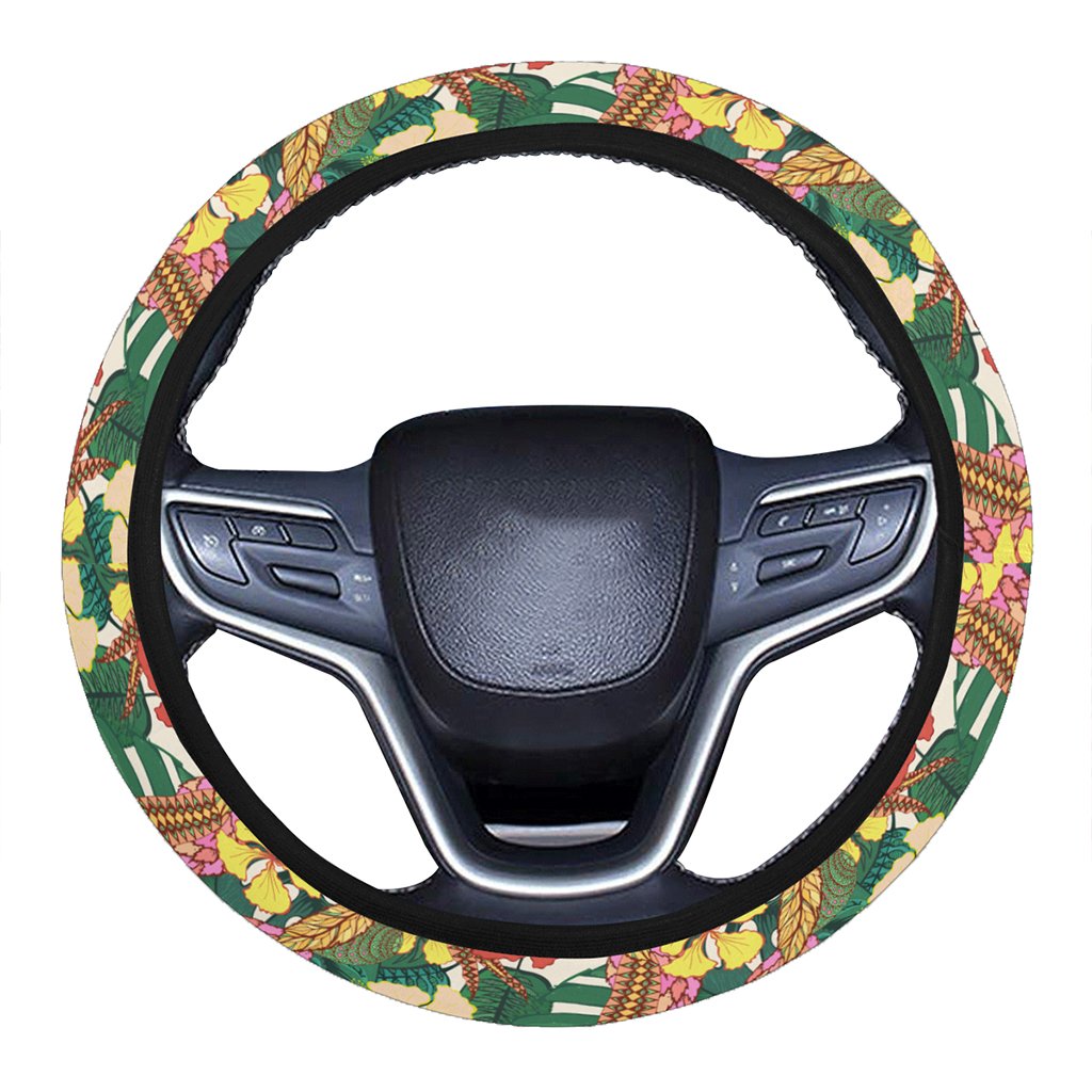 Hawaii Tropical Leaves Flowers And Birds Floral jungle Hawaii Universal Steering Wheel Cover with Elastic Edge One Size Blue Steering Wheel Cover - Polynesian Pride