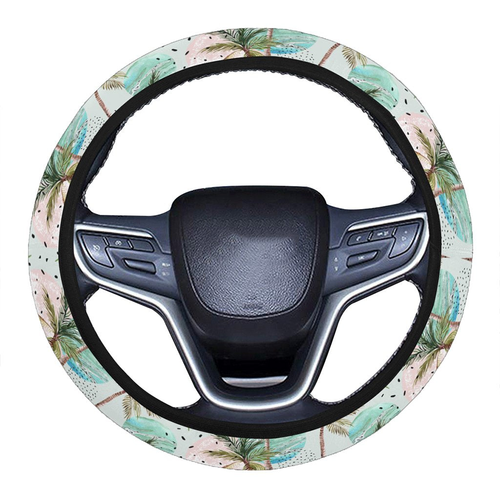 Hawaii Tropical Watercolor Palm Tree Leaf Hawaii Universal Steering Wheel Cover with Elastic Edge One Size Blue Steering Wheel Cover - Polynesian Pride