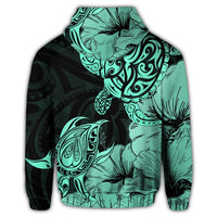 Hawaii Turtle Zip Hoodie Polynesian Hibiscus Art Turquoise - Polynesian Pride