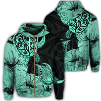 Hawaii Turtle Zip Hoodie Polynesian Hibiscus Art Turquoise Unisex Art - Polynesian Pride