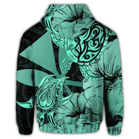 Hawaii Turtle Zip Hoodie Polynesian Hibiscus Art Ver 2.0 Turquoise - Polynesian Pride