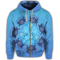 Hawaii Turtle Hibiscus Blue Zip Hoodie - Polynesian Pride