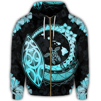 Hawaii Turtle Hibiscus Map Polynesian Zip Hoodie Turquoise - Polynesian Pride